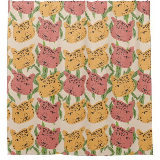 チータジャングルプラントグリーンコーラルグリーン シャワーカーテン (正面)