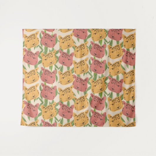 チータジャングルプラントグリーンコーラルグリーン タペストリー (正面(横))