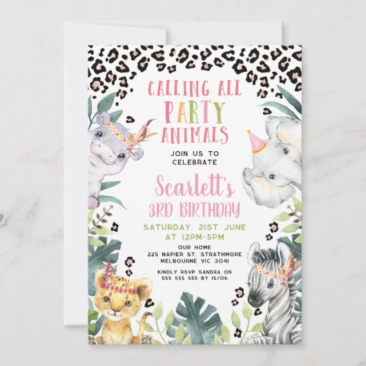 チータプリントすべてのパーティー動物を呼び出す誕生日 招待状 (正面)