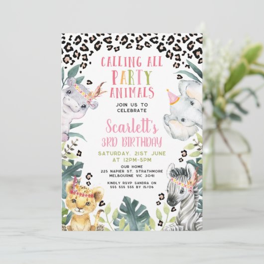 チータプリントすべてのパーティー動物を呼び出す誕生日 招待状 (スタンド正面)