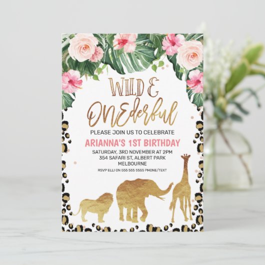 チータプリントフローラ金ゴールドサファリワイルドワン誕生日 招待状 (スタンド正面)
