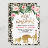 チータプリントフローラ金ゴールドサファリワイルドワン誕生日 招待状 (正面/裏面)