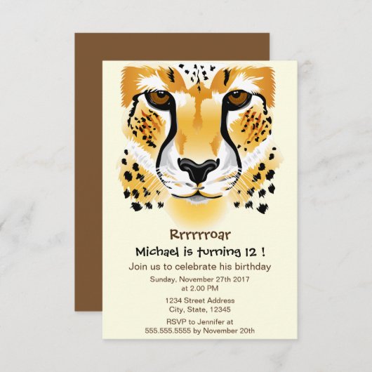 チータヘッドクローズアップイラストレーション誕生日パーティー 招待状 (正面/裏面)