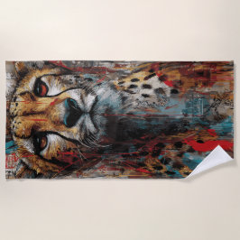 チーターのストリートアートポートレート 都市部のグラフィティをイメージした作品 ビーチタオル