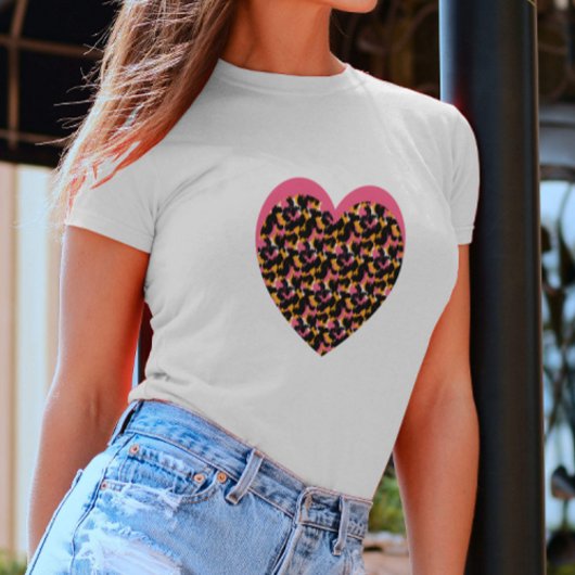 チーターのハート ピンク ブラック Tシャツ