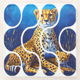 チーターの母と子 野生生物デザイン ガラスコースター