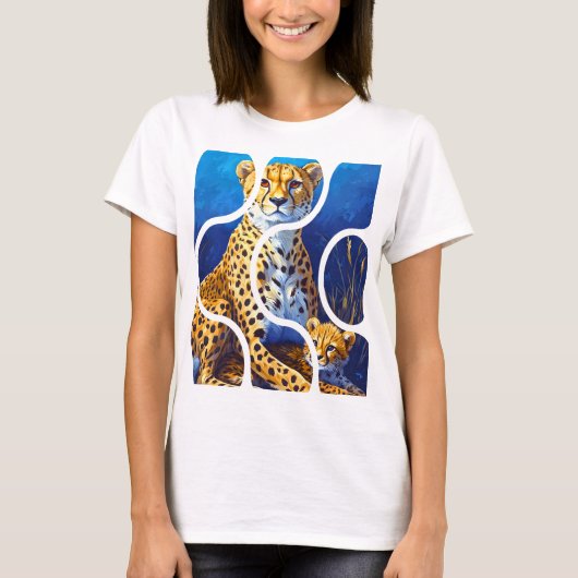チーターの母と子 野生生物デザイン Tシャツ (正面)