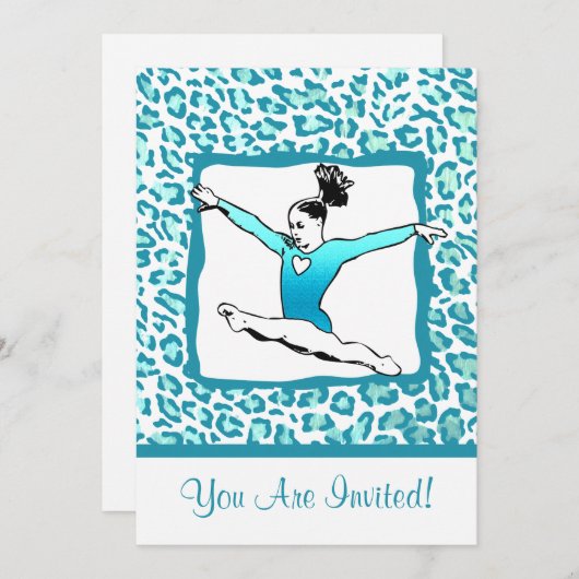 チータープリント体操ターコイズ招待状 招待状 (正面/裏面)