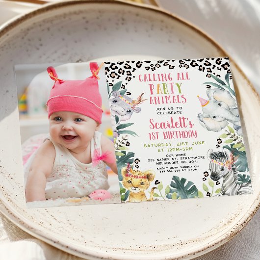 チータープリント写真コールパーティー動物誕生日 招待状