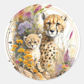チーターベビーと母 ラウンドシール (正面)