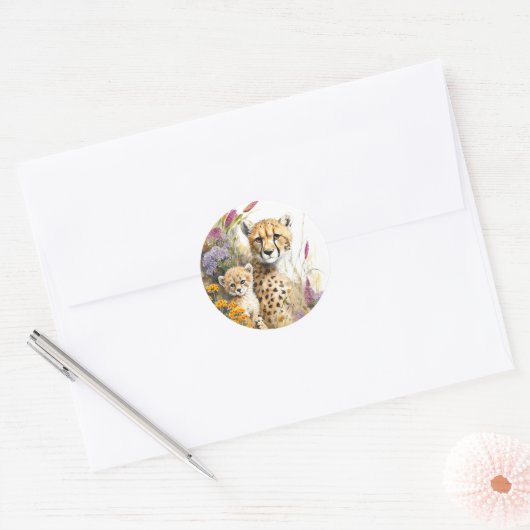 チーターベビーと母 ラウンドシール (封筒)