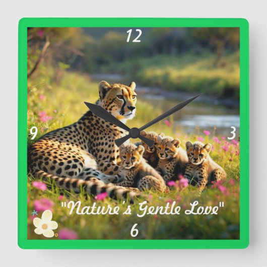「チーター一家の瞬間」 スクエア壁時計 (正面)