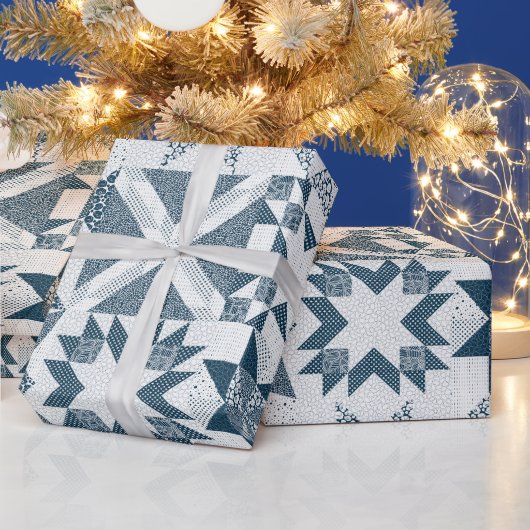 チーター伝統的パッチワーク星キルトブルー ラッピングペーパー (クリスマス)