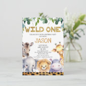 チーター柄の葉っぱ ワイルド・ワン サファリ 1歳誕生日 招待状 (スタンド正面)