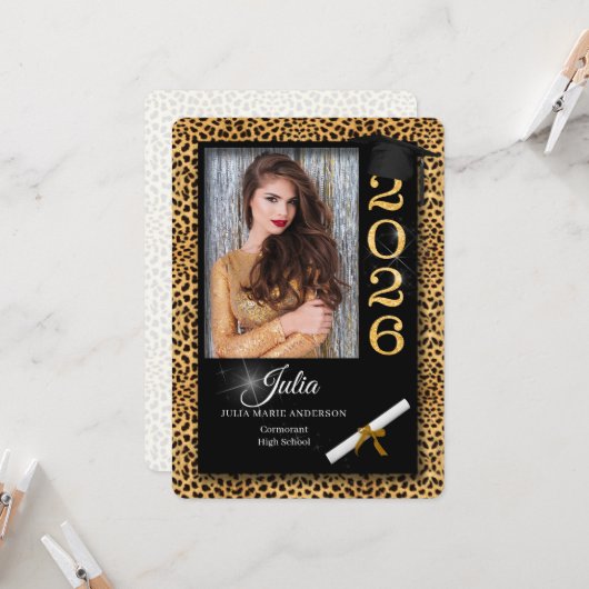 チーター柄 2023年度 卒業おめでとう 招待状 (正面/裏面インサイチュ)