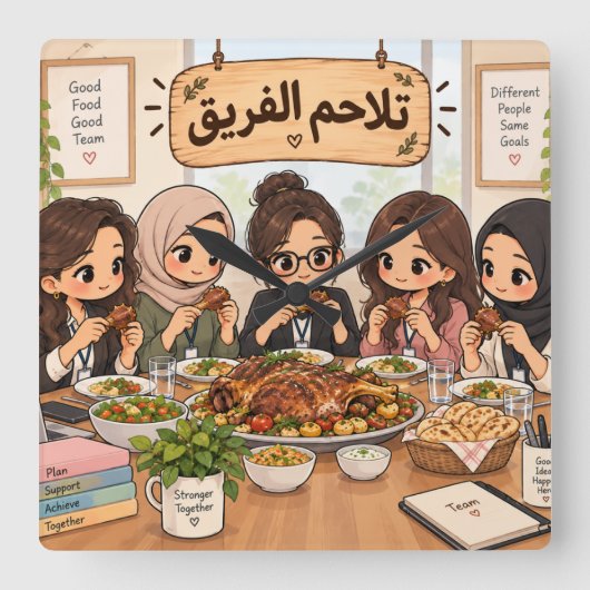 チームの団結(Arabic word humor) スクエア壁時計 (正面)