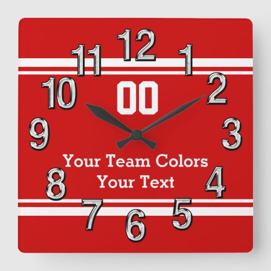 チームカラーと文字スポーツウォールクロック スクエア壁時計 (正面)