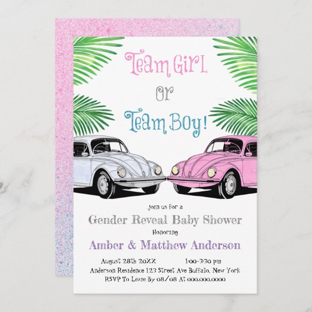 チームガールまたはチームボーイジェンダーが赤ちゃんのシャワーを明らかにする (正面/裏面)