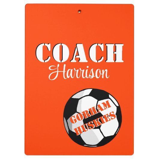 チームコーチオレンジとホワイトサッカーパーソナライズされた クリップボード (裏面)