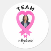 チームサポーカスタムトの写真と名前ピンクリボン ラウンドシール (正面)