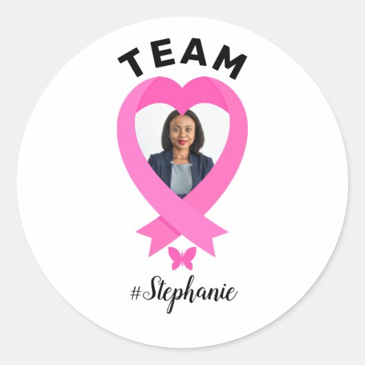 チームサポーカスタムトの写真と名前ピンクリボン ラウンドシール (正面)