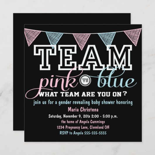 チームスピリットジェンダーが赤ちゃんシャワーを明らかにする招待状 招待状 (正面/裏面)