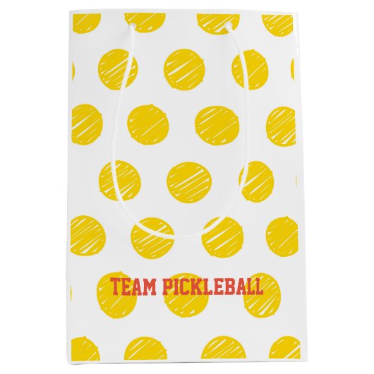 チームピックボール白オレンジイエローボールスポーツ ミディアムペーパーバッグ (正面)