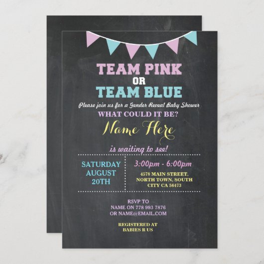 チームピンクか青い性はベビーシャワーの招待を明らかにします 招待状 (正面/裏面)