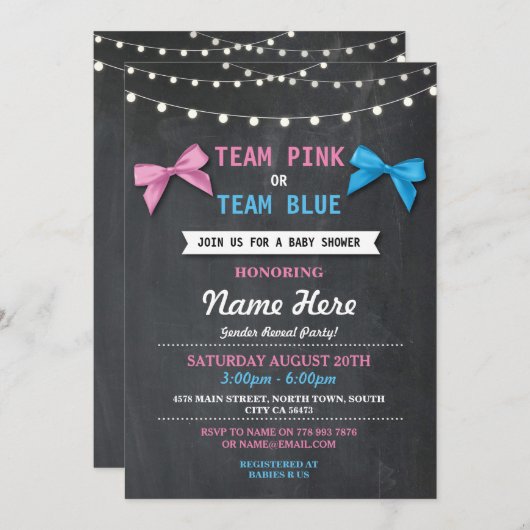 チームピンクか青色児のシャワーの性は招待を明らかにします 招待状 (正面/裏面)