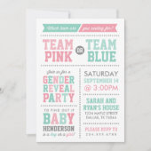 チームピンクまたはチームブルーのベビー性別の表示 招待状 (正面)