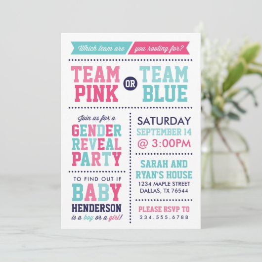 チームピンクまたはチームブルーのベビー性別の表示 招待状 (スタンド正面)