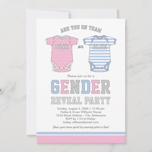 チームピンクまたはブルーベビーの性別表示パーティー 招待状 (正面)