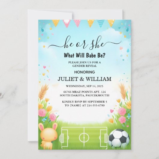 チームボールピッチのおもしろいサッカーフィールドの性別の表示 招待状 (正面)