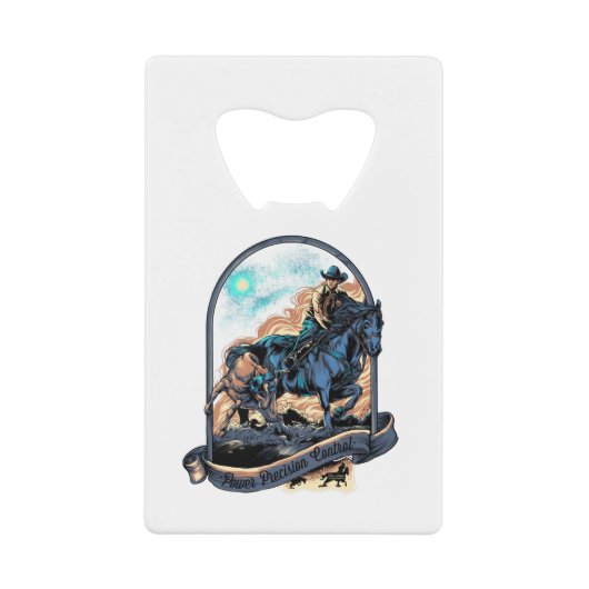 チームロープをかけるヘッダーのカウボーイの西部のロデオ牧場 クレジットカード栓抜き (正面)