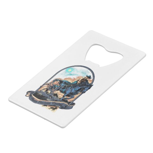 チームロープをかけるヘッダーのカウボーイの西部のロデオ牧場 クレジットカード栓抜き (正面アングル)