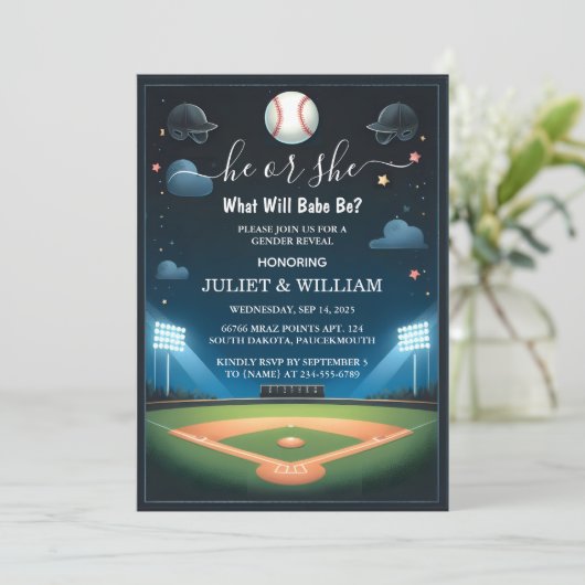 チーム別ボールゲームピッチおもしろい野球の性別公開 招待状 (スタンド正面)