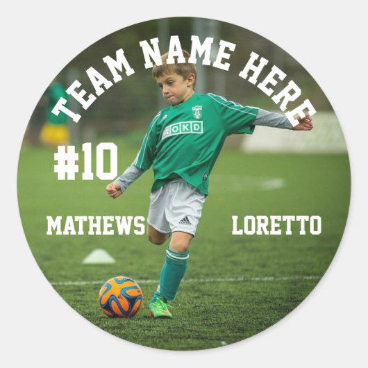 チーム名選手の写真番号と名前サッカー ラウンドシール (正面)