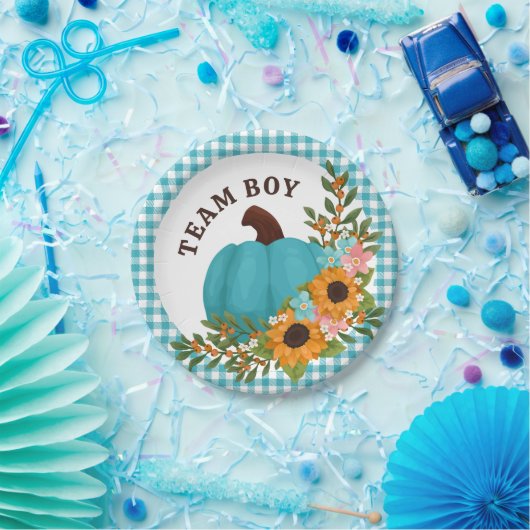 チーム男の子ひまわり小さなかぼちゃの性別を表示 ペーパープレート (パーティー)