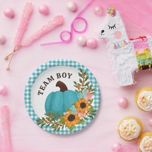 チーム男の子ひまわり小さなかぼちゃの性別を表示 ペーパープレート (パーティー)