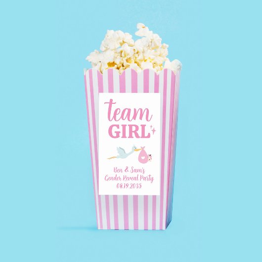 チーム ガール ピンク 性別発表パーティー オーダーメイド ポップコーンラベル 長方形シール