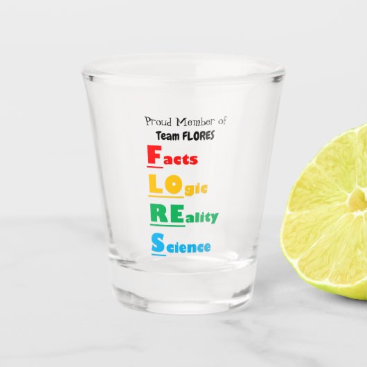 チームFLORES – 事実、論理、現実、科学 ショットグラス (正面)