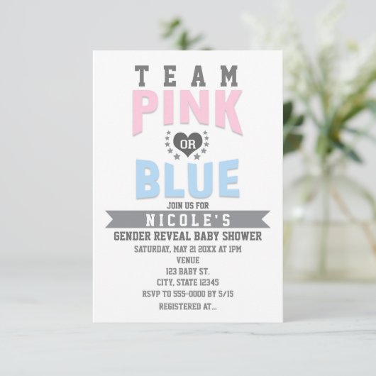 チームPINKまたはBLUEジェンダーが赤ちゃんのシャワーを明らかにする 招待状 (スタンド正面)