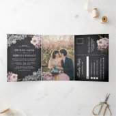 チ素朴ャルクボード·レース·ピンク·フローラ結婚ズ·フォト 三つ折り招待状 (内部)