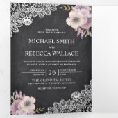 チ素朴ャルクボード·レース·ピンク·フローラ結婚ズ·フォト 三つ折り招待状 (内部最初)