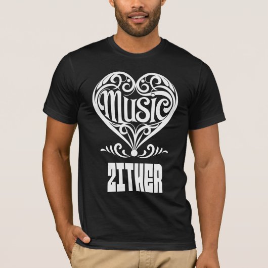 ツィター愛好家のための優雅なスクロールハート Tシャツ (正面)