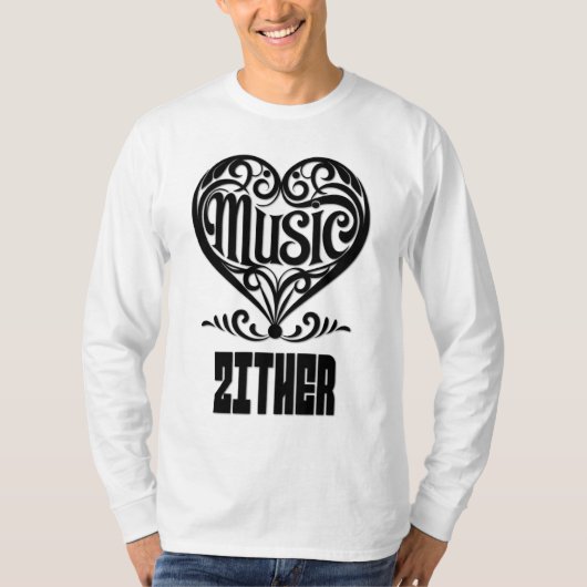 ツィター愛好家のための優雅なスクロールハート Tシャツ (正面)