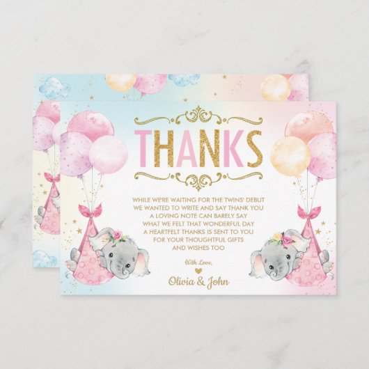 ツイお洒落ンガールズエレファントベイビーシャワー散水 サンキューカード (正面/裏面)