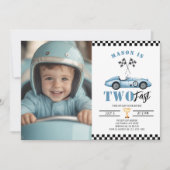 ツイストブルーのフォトレースカー男の子2歳の誕生日 招待状 (正面)