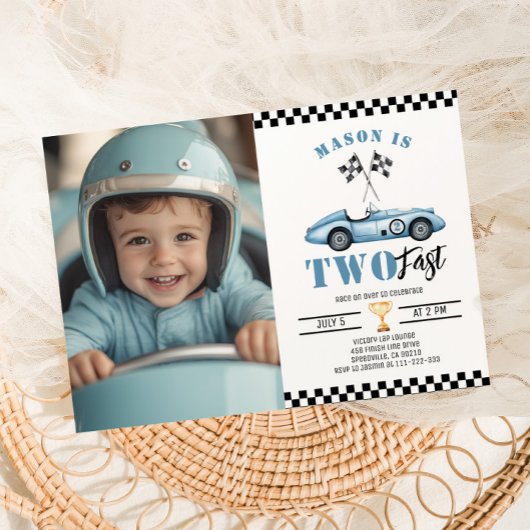 ツイストブルーのフォトレースカー男の子2歳の誕生日 招待状