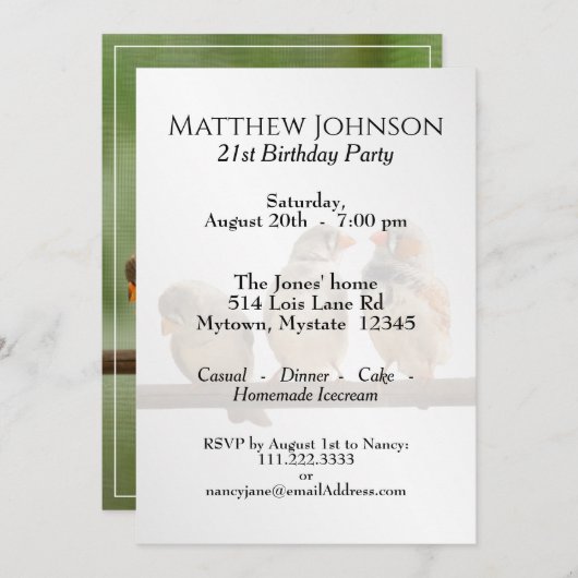 ツイッターでフィンチを3回、動物の鳥の写真を撮る 招待状 (正面/裏面)